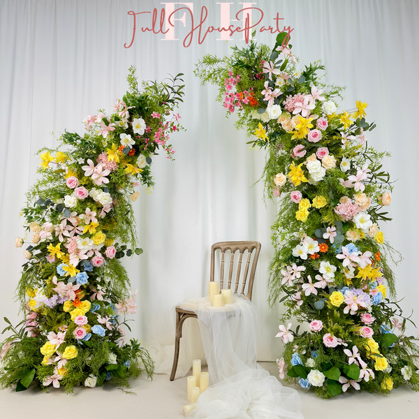 Wildflower-Inspired Spring  Summer Wedding Arch Flower Décor – Artificial Rose Archway & Floral Row Arrangement for Weddings  Events