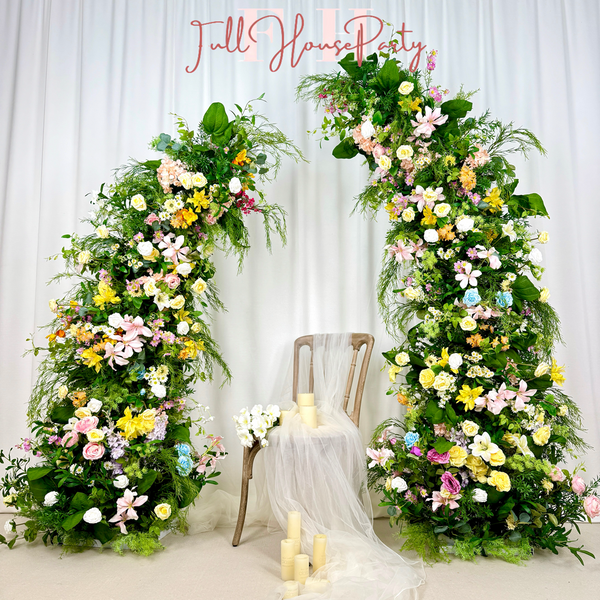 Wildflower-Inspired Spring  Summer Wedding Arch Flower Décor – Artificial Rose Archway & Floral Row Arrangement for Weddings  Events