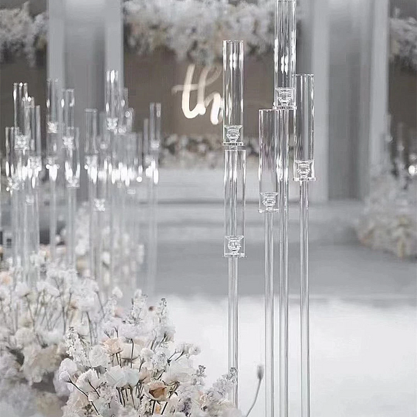 5 Arms Full Clear Candle Holder, Acrylic Light Pole with Crystal Glass Hurricane Tube, Wedding Candlestick Table Centerpiece Planter