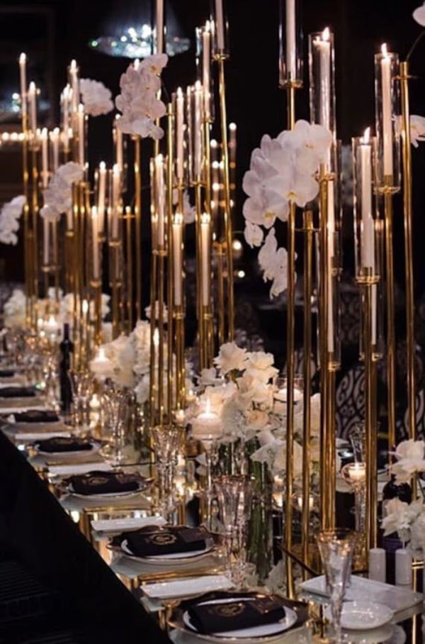 57'' Gold 10-Arm Metal Cluster Candelabra Holder with Tall Large Glass Candles