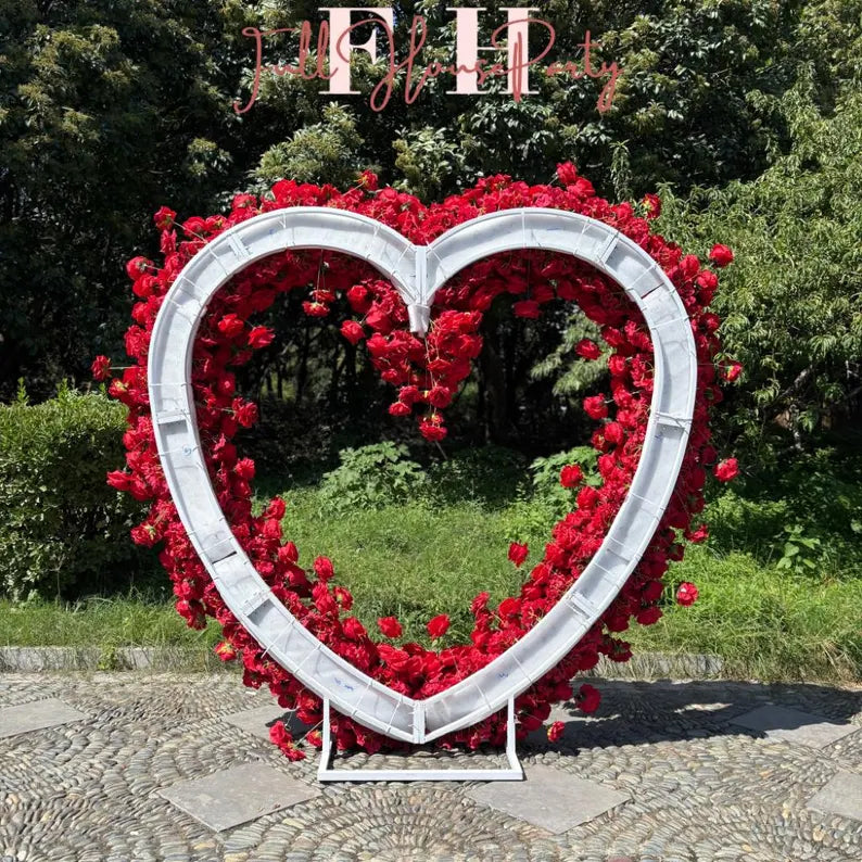 US Seller – 5D Red Heart-Shaped Floral Arch Backdrop(7.2×7.2 ft), Luxury Artificial Rose Wedding Arch, Proposal & Engagement Decoration