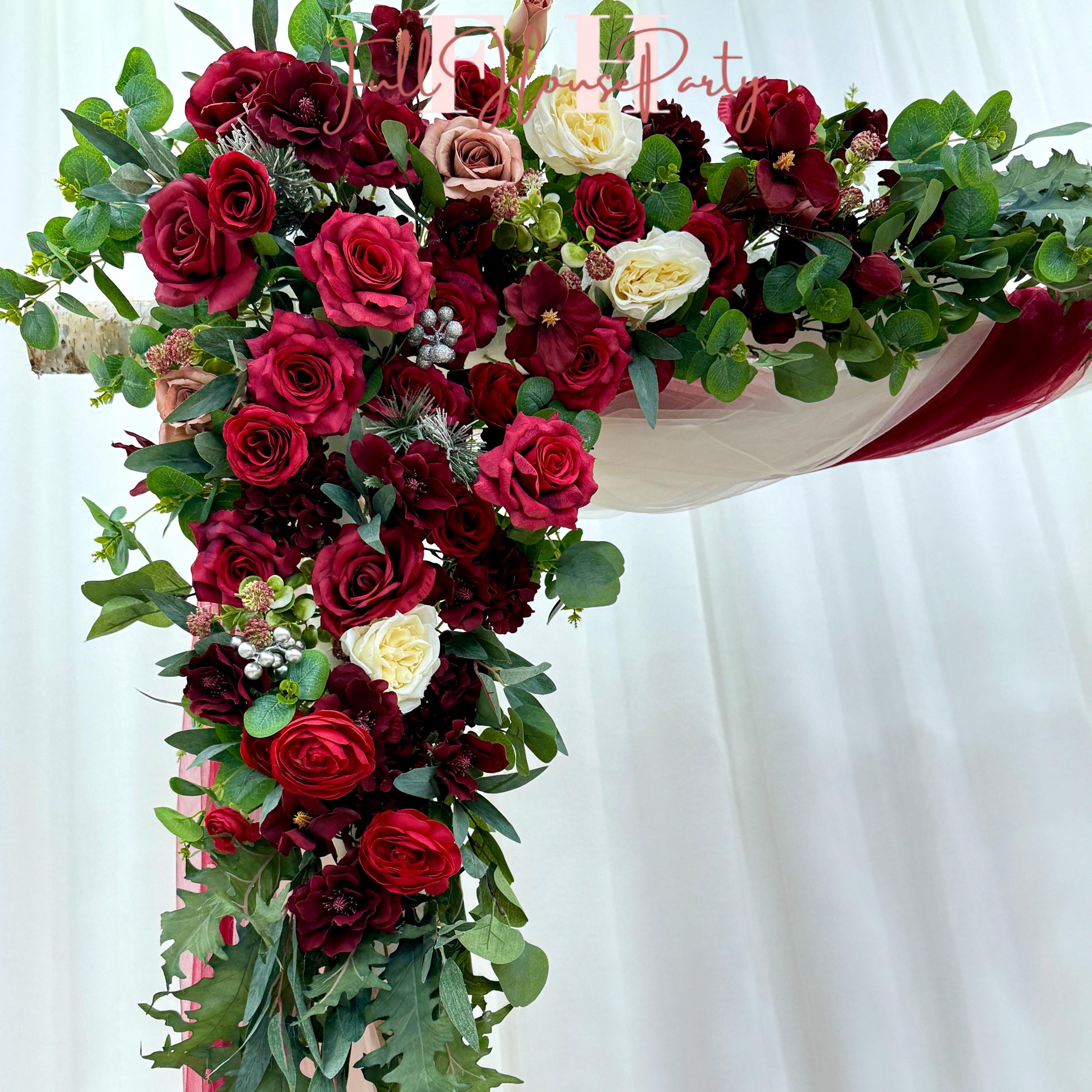 USA Local Stock---Wedding arch decoration withRed roses and eucalyptus leaves（Free matching curtains ）