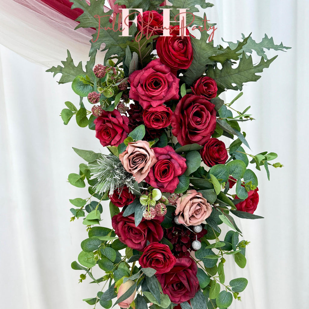 USA Local Stock---Wedding arch decoration withRed roses and eucalyptus leaves（Free matching curtains ）