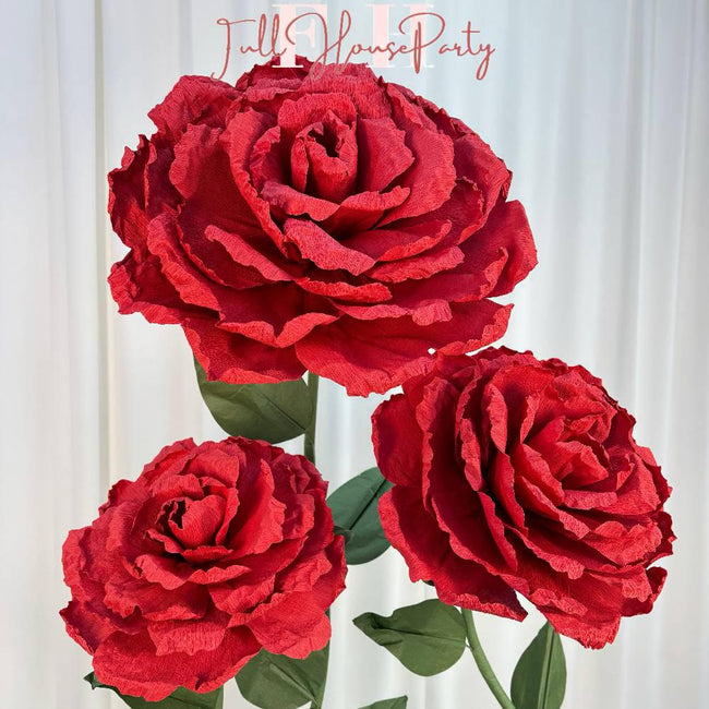 Self Standing Paper Flowers - Standing Paper Flowers - Giant Red Paper Roses – Life-Size Artificial Flower - Metal Base Included