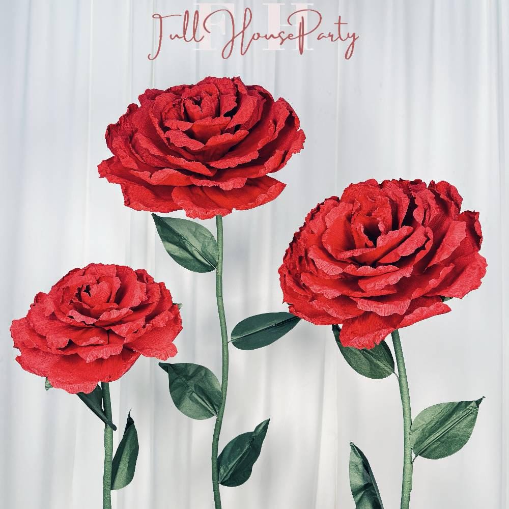Self Standing Paper Flowers - Standing Paper Flowers - Giant Red Paper Roses – Life-Size Artificial Flower - Metal Base Included