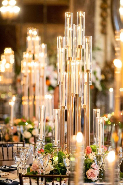 30% OFF | Ships from Houston | 57" Gold 10-Arm Metal Candelabra | Tall Glass Candle Holder | Wedding Table Centerpiece