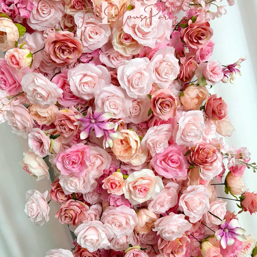 W8Ft x H8.53Ft Rollable Artificial Pink Rose Wedding Arch, Floral Archway Backdrop Decoration for Ceremony