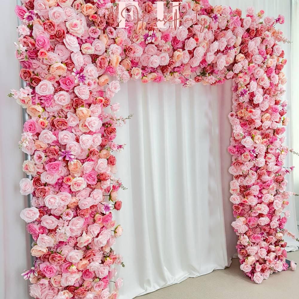 W8Ft x H8.53Ft Rollable Artificial Pink Rose Wedding Arch, Floral Archway Backdrop Decoration for Ceremony