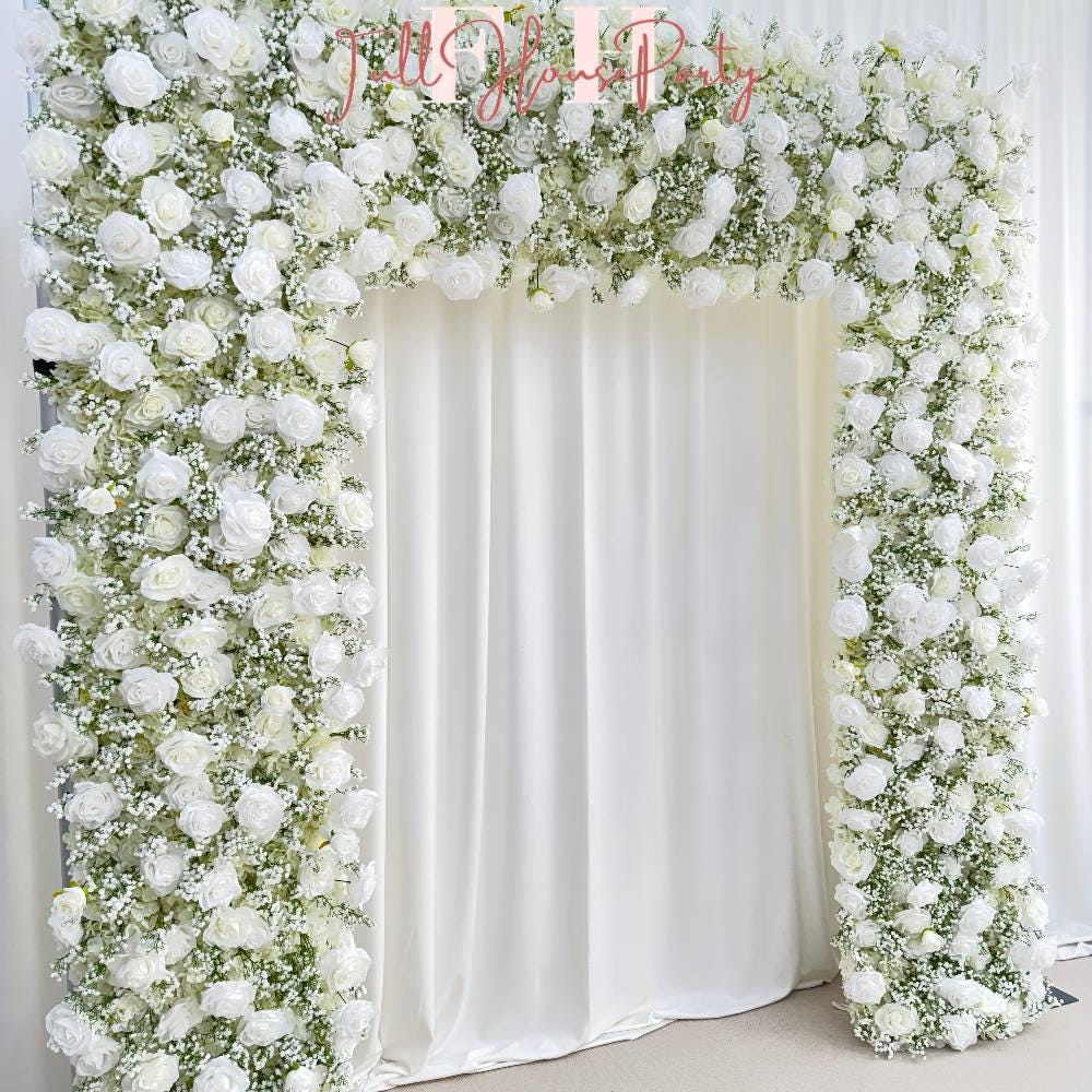 W8Ft x H8.53Ft Rollable Artificial White Rose  baby’s breath Arch Wedding Decoration, Flower Arch Wedding, Backdrop Flower Archway Party
