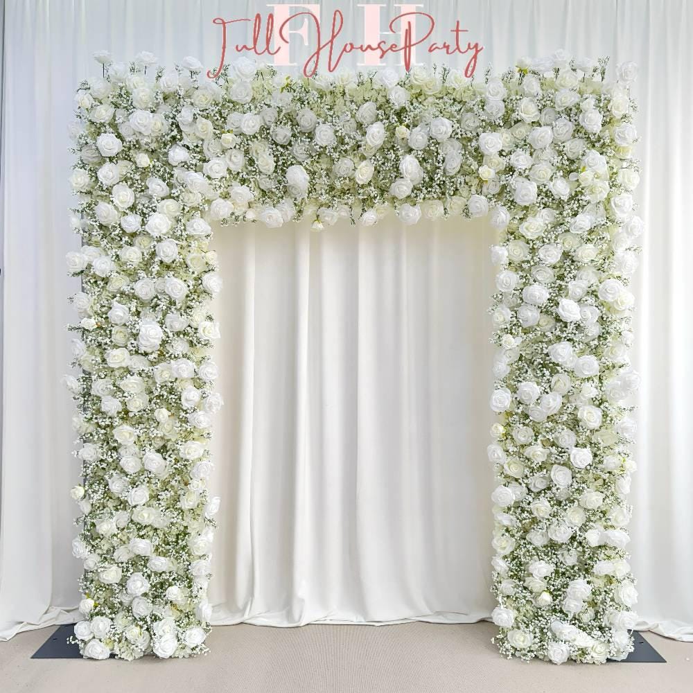 W8Ft x H8.53Ft Rollable Artificial White Rose  baby’s breath Arch Wedding Decoration, Flower Arch Wedding, Backdrop Flower Archway Party