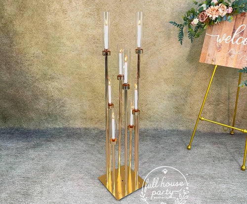 30% OFF | Ships from Houston | 50" Gold 8-Arm Metal Candelabra | Tall Glass Candle Holder | Wedding Table Centerpiece