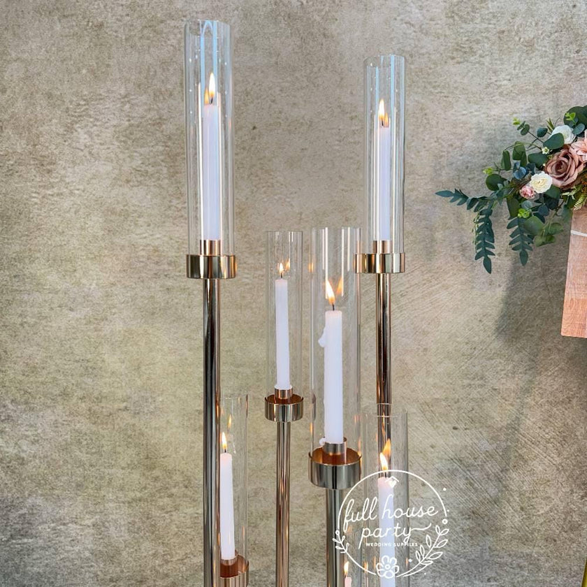 30% OFF | Ships from Houston | 50" Gold 8-Arm Metal Candelabra | Tall Glass Candle Holder | Wedding Table Centerpiece