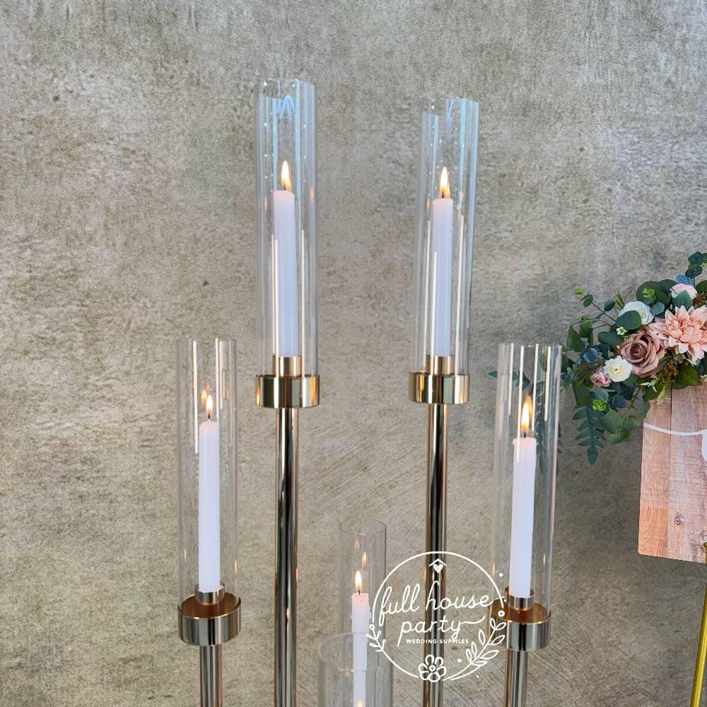 57'' Gold 10-Arm Metal  Holder Candelabra, Tall Glass Candle Holder, Heavy Metal Design for Weddings, Engagements, Showers, and Birthdays