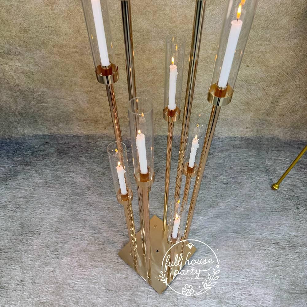 57'' Gold 10-Arm Metal  Holder Candelabra, Tall Glass Candle Holder, Heavy Metal Design for Weddings, Engagements, Showers, and Birthdays