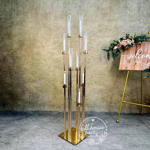 30% OFF | Ships from Houston | 57" Gold 10-Arm Metal Candelabra | Tall Glass Candle Holder | Wedding Table Centerpiece