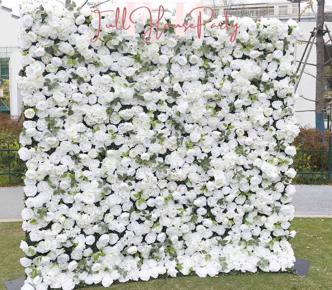 US Seller---5D White Rose Flower Wall 8*8ft - Flower Wall Roller Curtain Wall, Fabric Flower Wall, Wedding Party Photo Backdrop