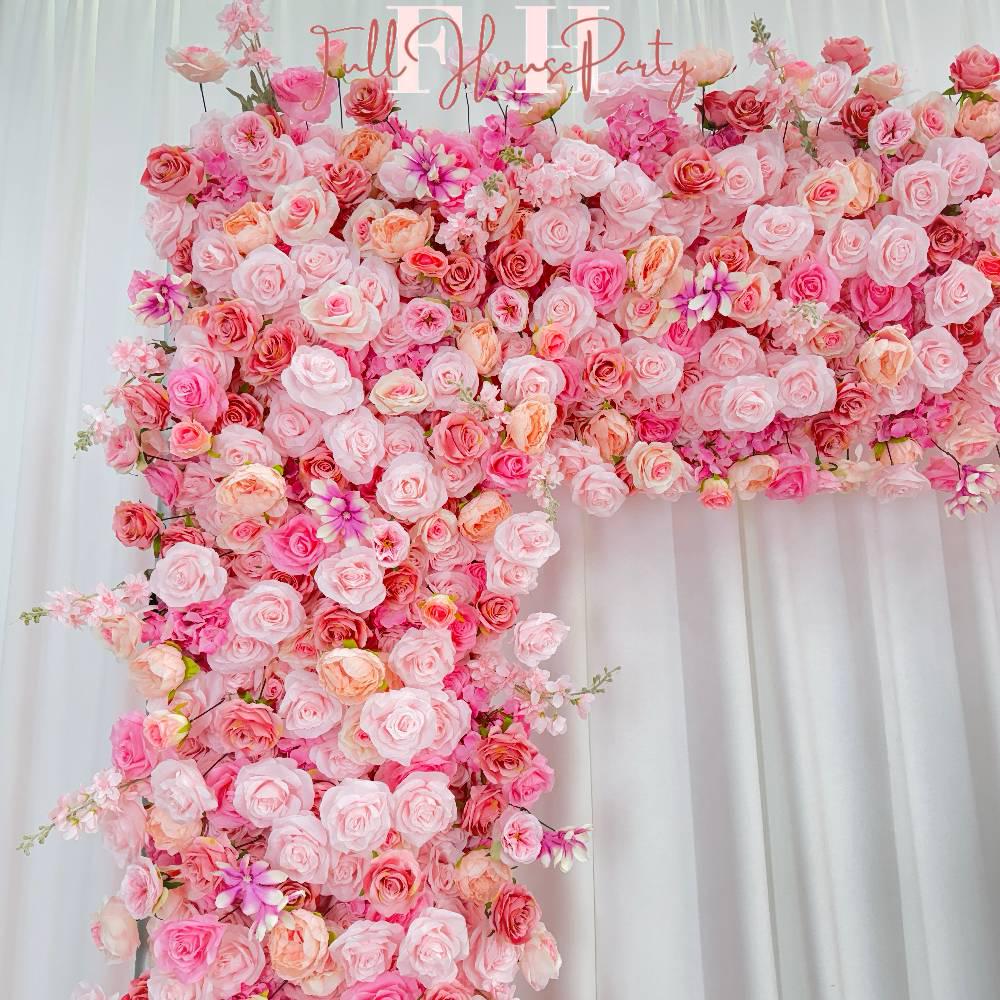 W8Ft x H8.53Ft Rollable Artificial Pink Rose Wedding Arch, Floral Archway Backdrop Decoration for Ceremony