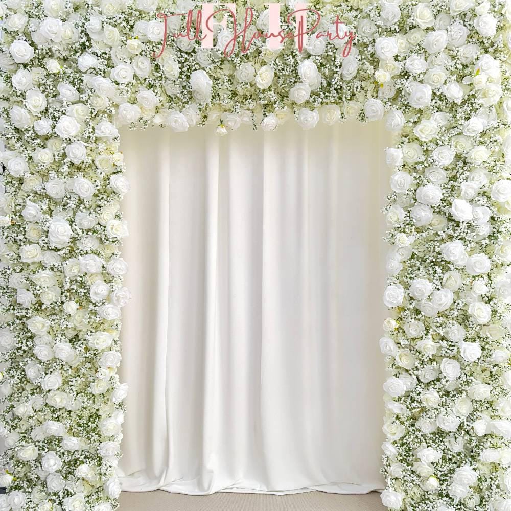 W8Ft x H8.53Ft Rollable Artificial White Rose  baby’s breath Arch Wedding Decoration, Flower Arch Wedding, Backdrop Flower Archway Party