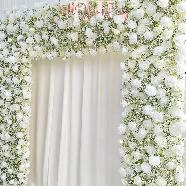W8Ft x H8.53Ft Rollable Artificial White Rose  baby’s breath Arch Wedding Decoration, Flower Arch Wedding, Backdrop Flower Archway Party