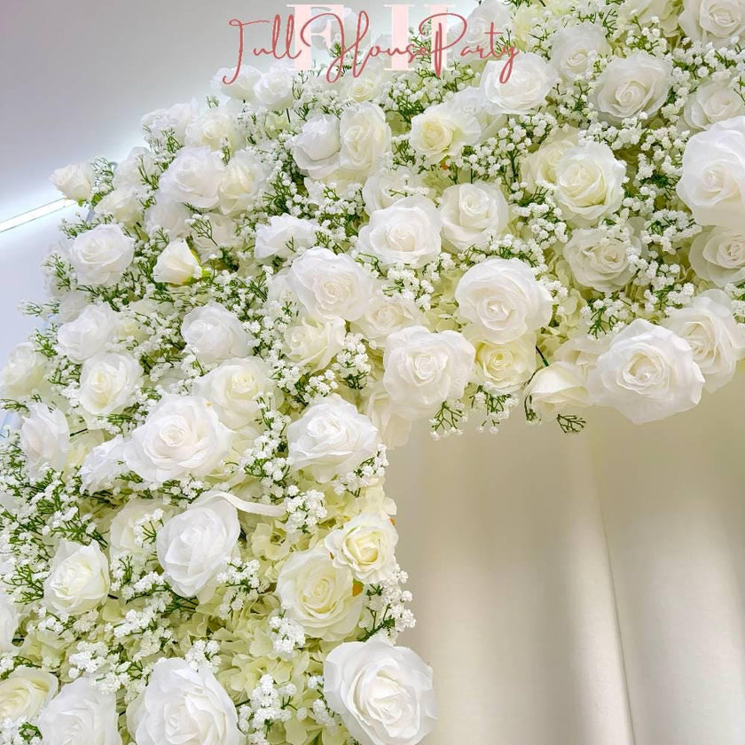 W8Ft x H8.53Ft Rollable Artificial White Rose  baby’s breath Arch Wedding Decoration, Flower Arch Wedding, Backdrop Flower Archway Party
