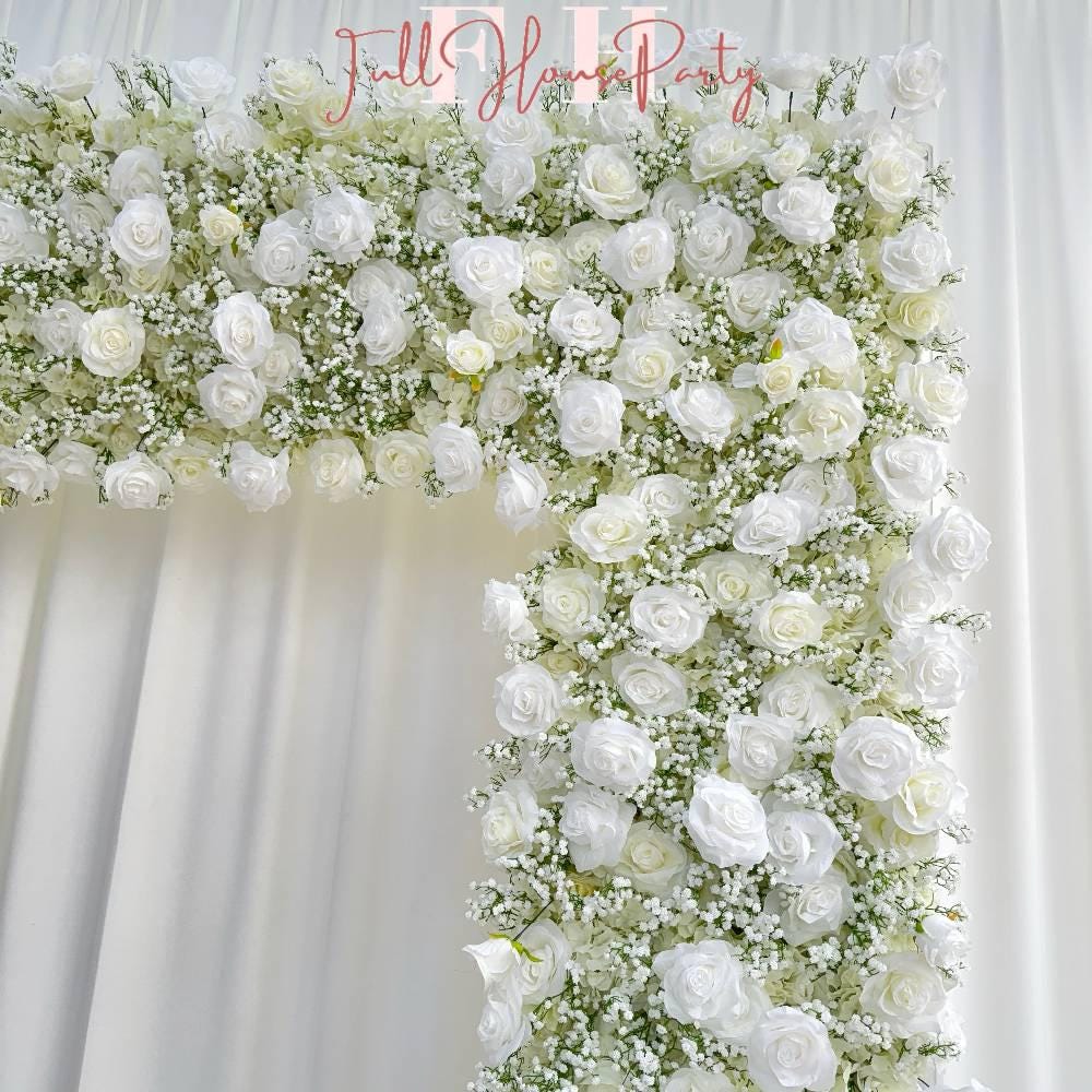 8×8.53 ft Rollable White Rose & Baby’s Breath Wedding Arch, Artificial Flower Backdrop Archway Decoration