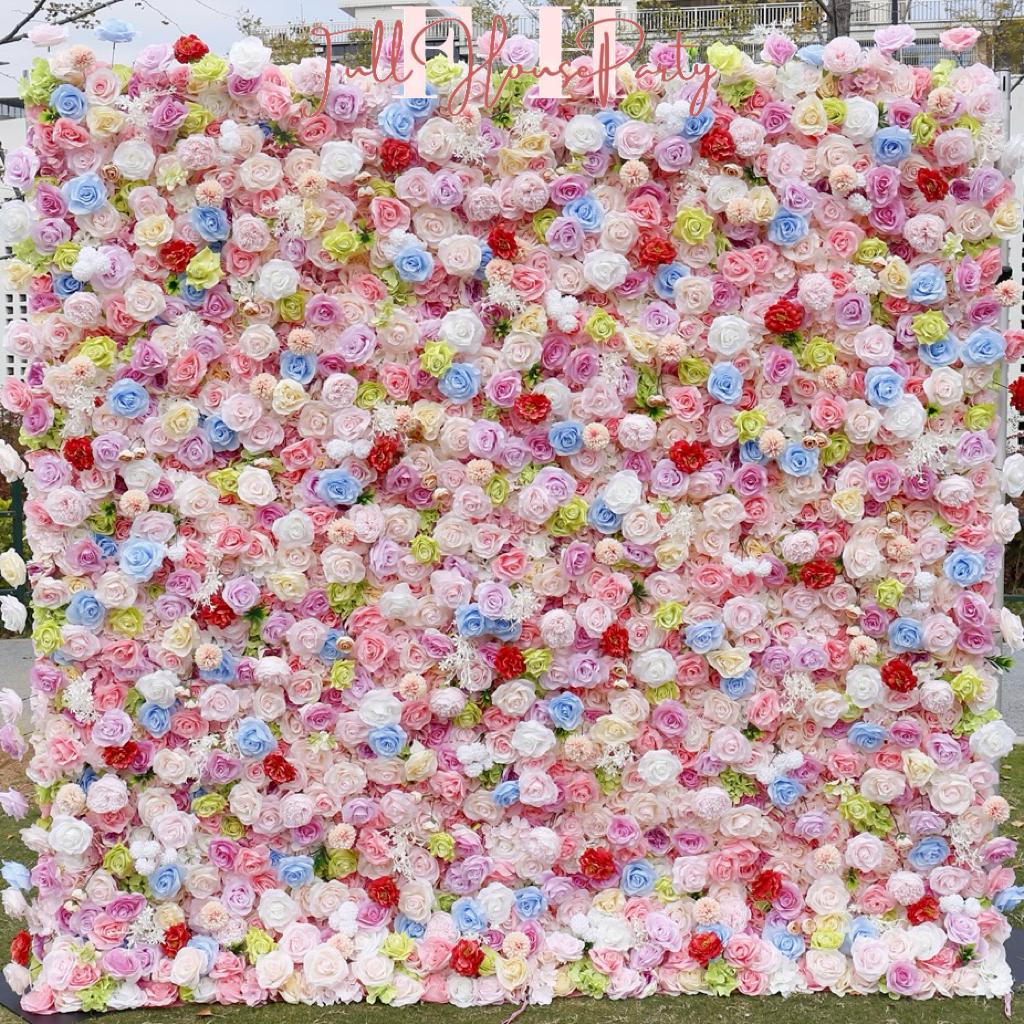 US Seller--Adorable Candy Pink-Colored Rose Flower Wall (8x8 ft) - Roll-Up Curtain Style Fabric Flower Wall for Wedding Party Photo Backdrop