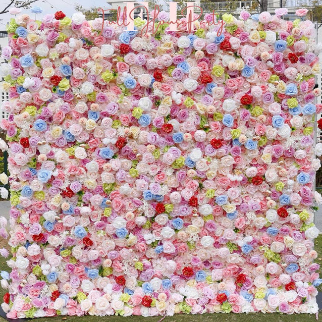 US Seller--Adorable Candy Pink-Colored Rose Flower Wall (8x8 ft) - Roll-Up Curtain Style Fabric Flower Wall for Wedding Party Photo Backdrop