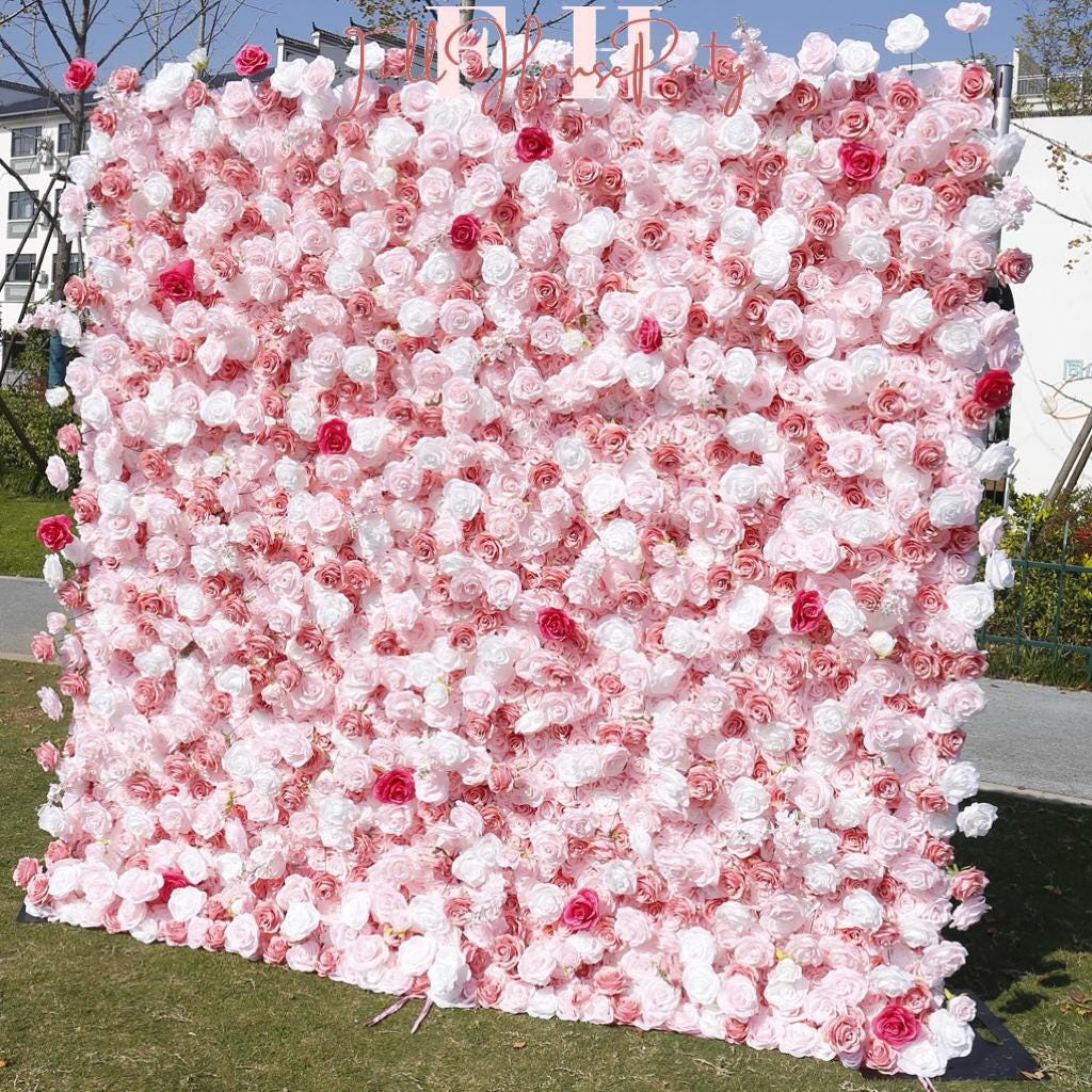 US seller---5D Baby Pink Rose Flower Wall  (8x8 ft) - Roll-Up Curtain Style Fabric Flower Wall for Wedding Party Photo Backdrop
