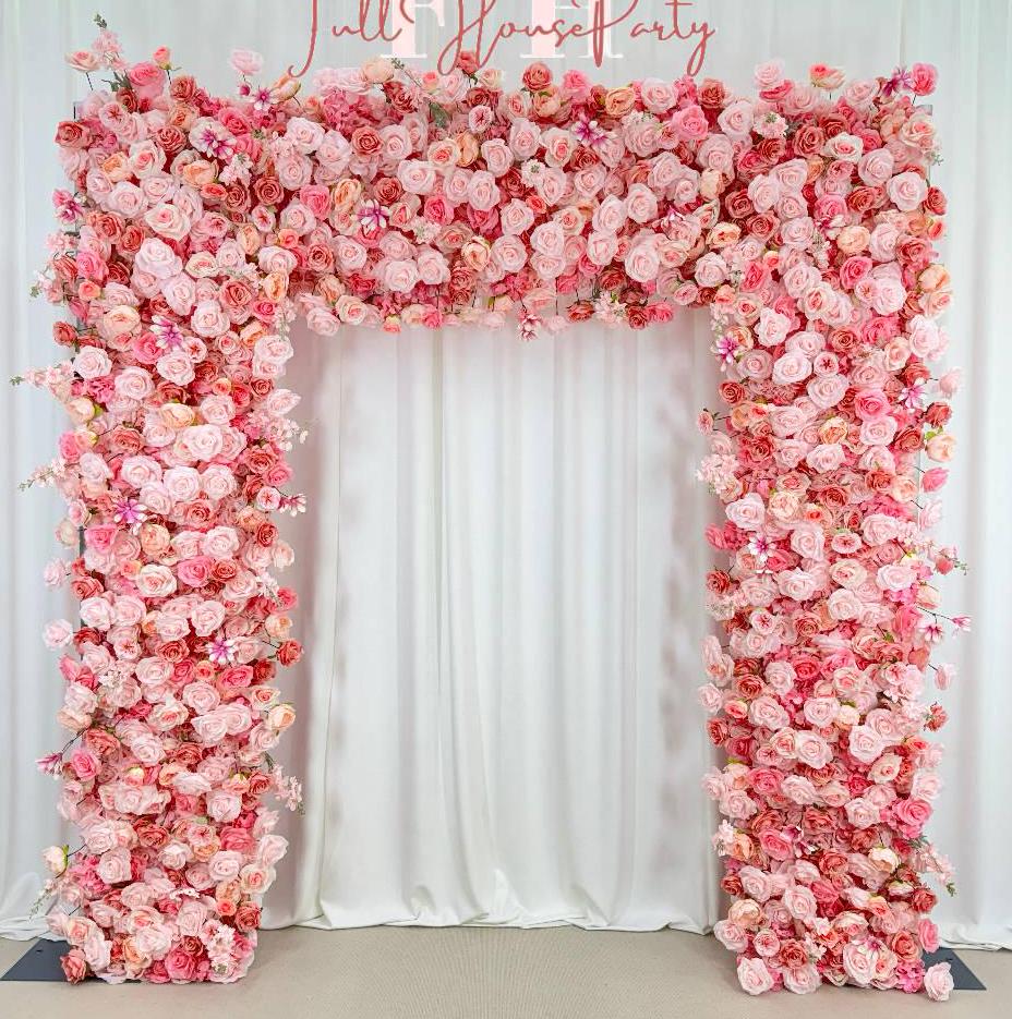 W8Ft x H8.53Ft Rollable Artificial Pink Rose Wedding Arch, Floral Archway Backdrop Decoration for Ceremony