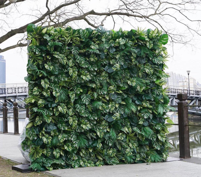 US Seller---Lush Green Leaves  5D Flower Wall (8x8 ft) -   Roll-Up Curtain Style Fabric Flower Wall for Wedding Party Photo Backdrop.