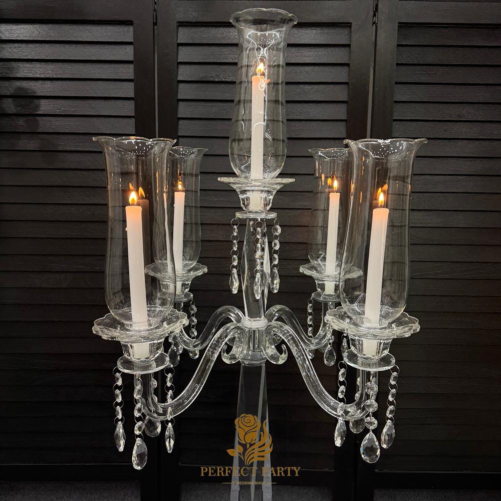 Tall Clear Crystal Candle Holder with Glass Hurricane Tube - Wedding Centerpiece