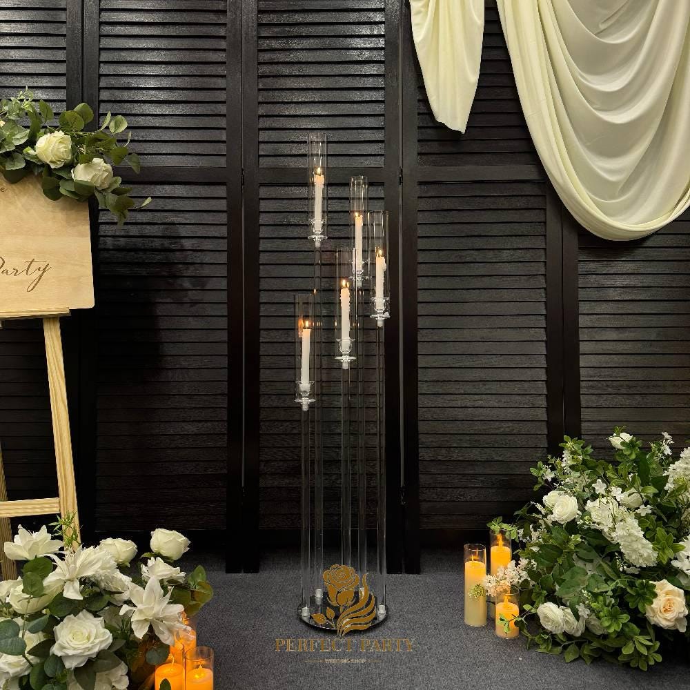 47'' - Clear Acrylic Tall Candle Holder with Crystal Glass Hurricane Tube, Suitable for Real Candles,wedding candlestick table centerpiece