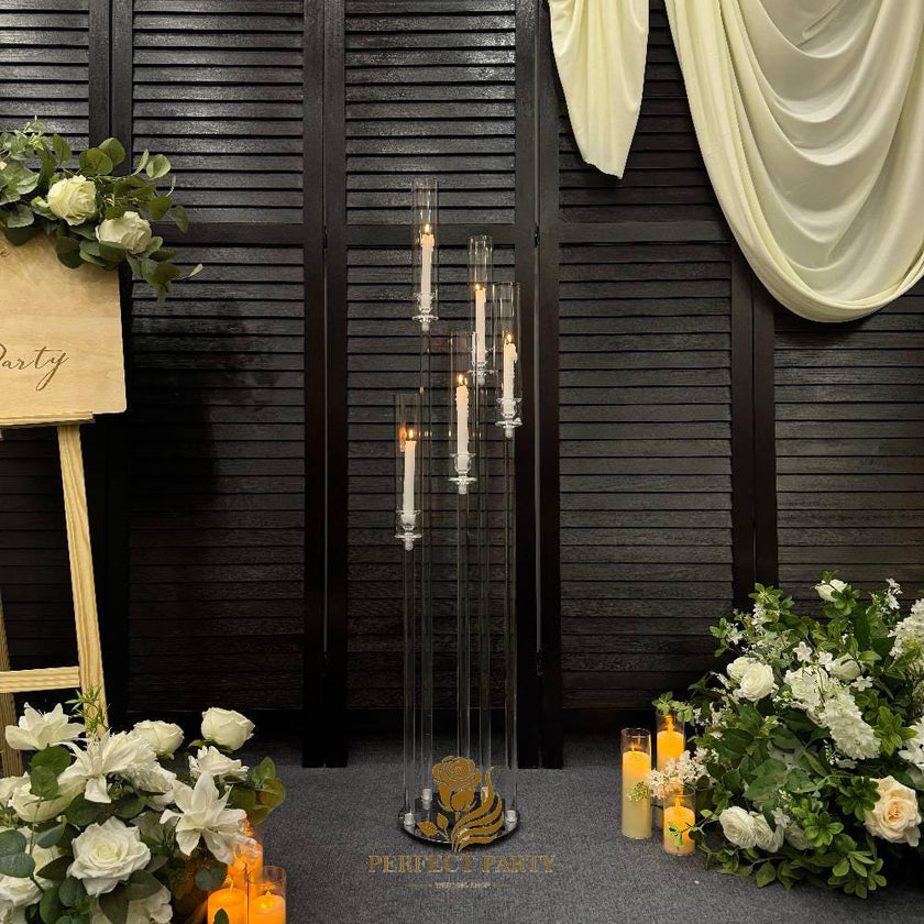 47'' - Clear Acrylic Tall Candle Holder with Crystal Glass Hurricane Tube, Suitable for Real Candles,wedding candlestick table centerpiece