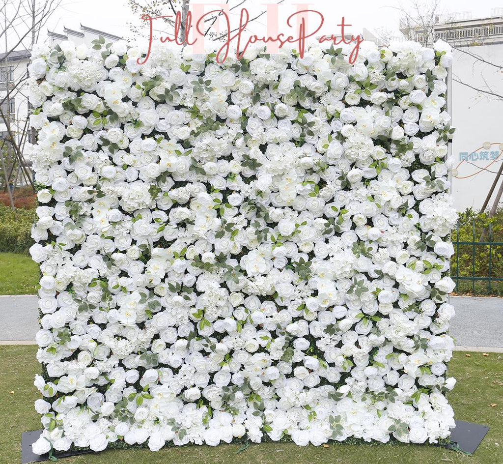 US Seller---5D White Rose Flower Wall 8*8ft - Flower Wall Roller Curtain Wall, Fabric Flower Wall, Wedding Party Photo Backdrop
