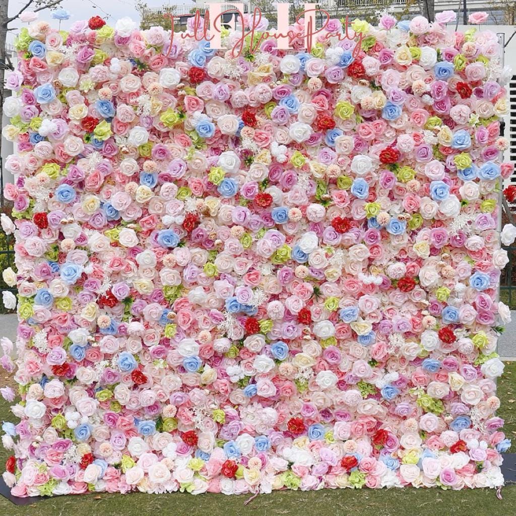 US Seller--Adorable Candy Pink-Colored Rose Flower Wall (8x8 ft) - Roll-Up Curtain Style Fabric Flower Wall for Wedding Party Photo Backdrop