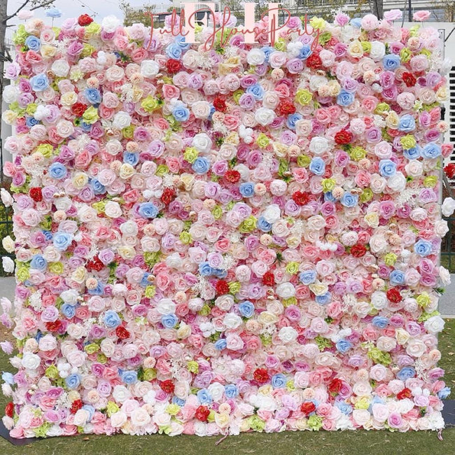 US Seller--Adorable Candy Pink-Colored Rose Flower Wall (8x8 ft) - Roll-Up Curtain Style Fabric Flower Wall for Wedding Party Photo Backdrop