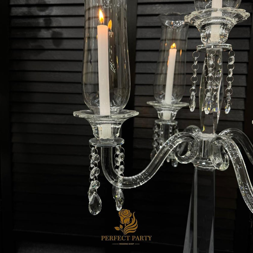 Tall Clear Crystal Candle Holder with Glass Hurricane Tube - Wedding Centerpiece