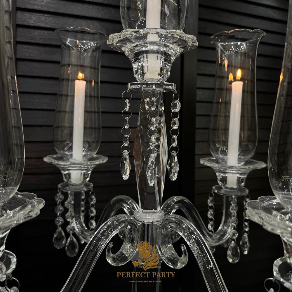 Tall Clear Crystal Candle Holder with Glass Hurricane Tube - Wedding Centerpiece