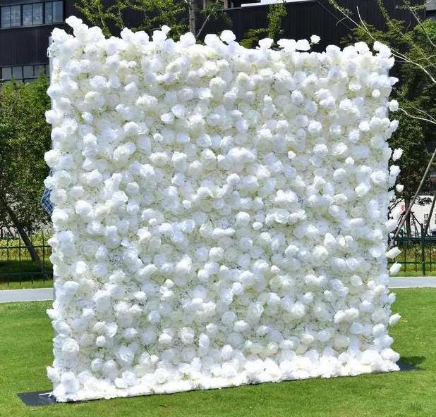 US Seller---5D White Rose Flower Wall 8*8ft - Flower Wall Rolling Up Curtain Wall, Fabric Flower Wall, Wedding Party Photo Backdrop