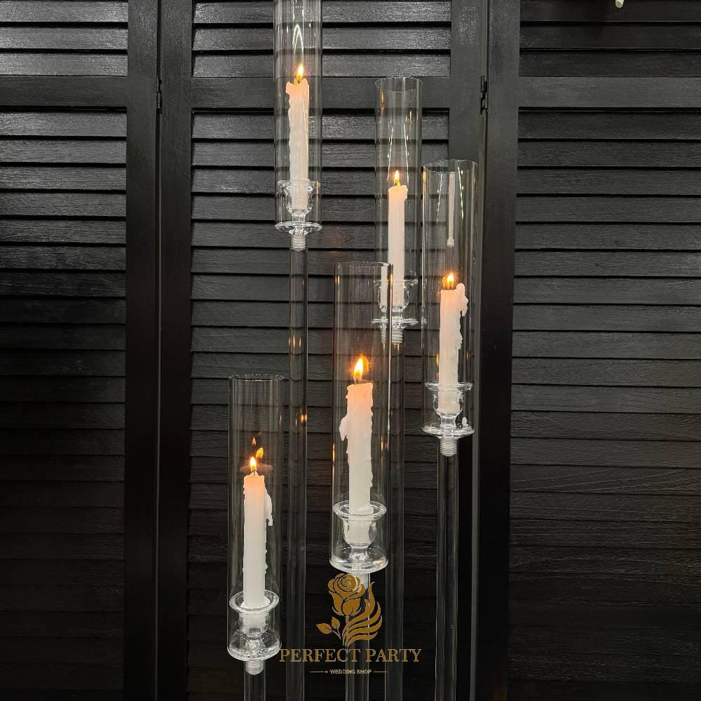 47'' - Clear Acrylic Tall Candle Holder with Crystal Glass Hurricane Tube, Suitable for Real Candles,wedding candlestick table centerpiece