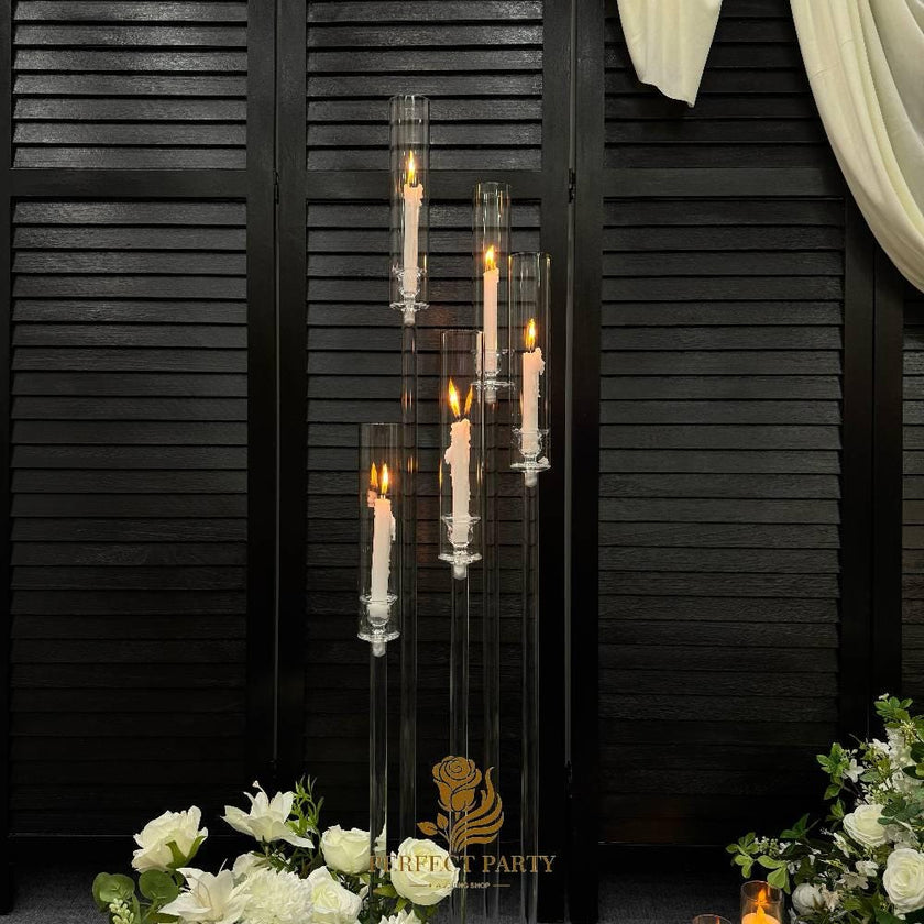47'' - Clear Acrylic Tall Candle Holder with Crystal Glass Hurricane Tube, Suitable for Real Candles,wedding candlestick table centerpiece