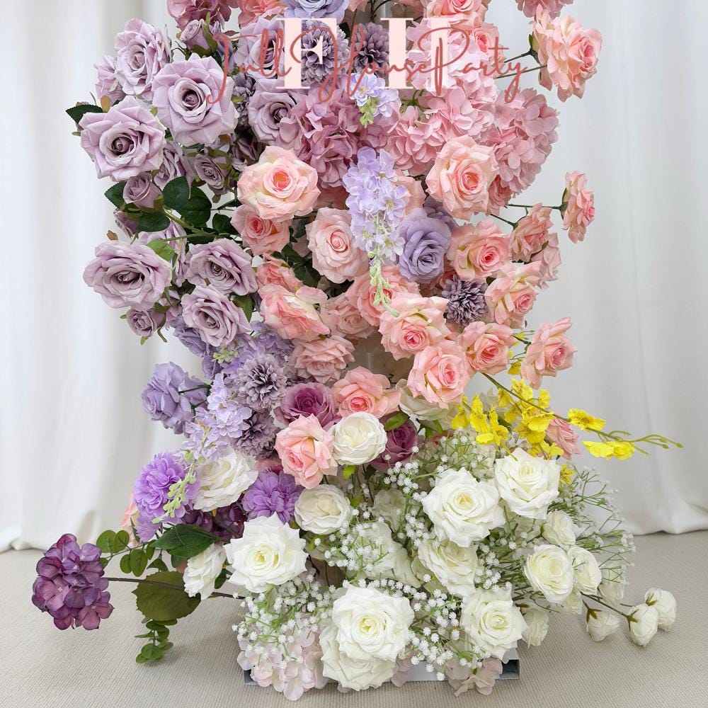 US Seller----Wedding Archway with Baby Pink & Purple Roses – Artificial Floral Arrangement for Wedding Pillars Event Backdrop Decoration