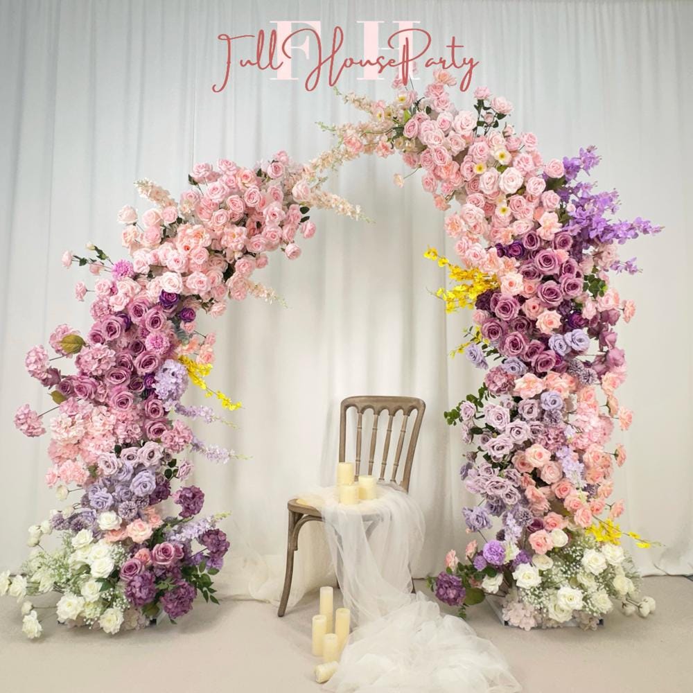 US Seller----Wedding Archway with Baby Pink & Purple Roses – Artificial Floral Arrangement for Wedding Pillars Event Backdrop Decoration
