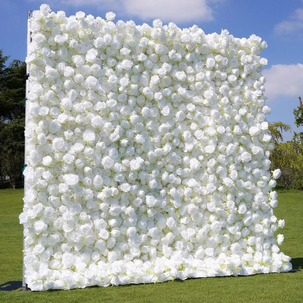 US Seller---5D White Rose Flower Wall 8*8ft - Flower Wall Rolling Up Curtain Wall, Fabric Flower Wall, Wedding Party Photo Backdrop