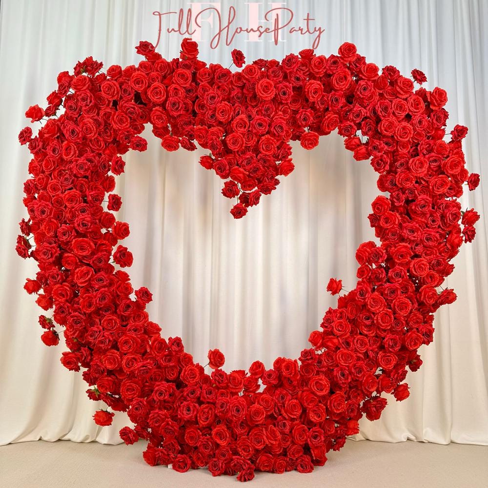 US Seller-(7.2 ft × 7.2 ft)-5D Luxury Red Heart-Shaped Floral Arch– Romantic Wedding Backdrop, Proposal Decoration, Engagement Event Display