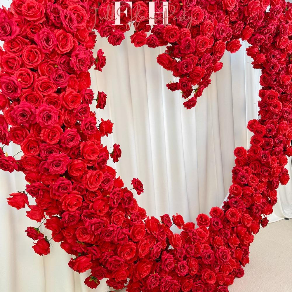 US Seller-(7.2 ft × 7.2 ft)-5D Luxury Red Heart-Shaped Floral Arch– Romantic Wedding Backdrop, Proposal Decoration, Engagement Event Display