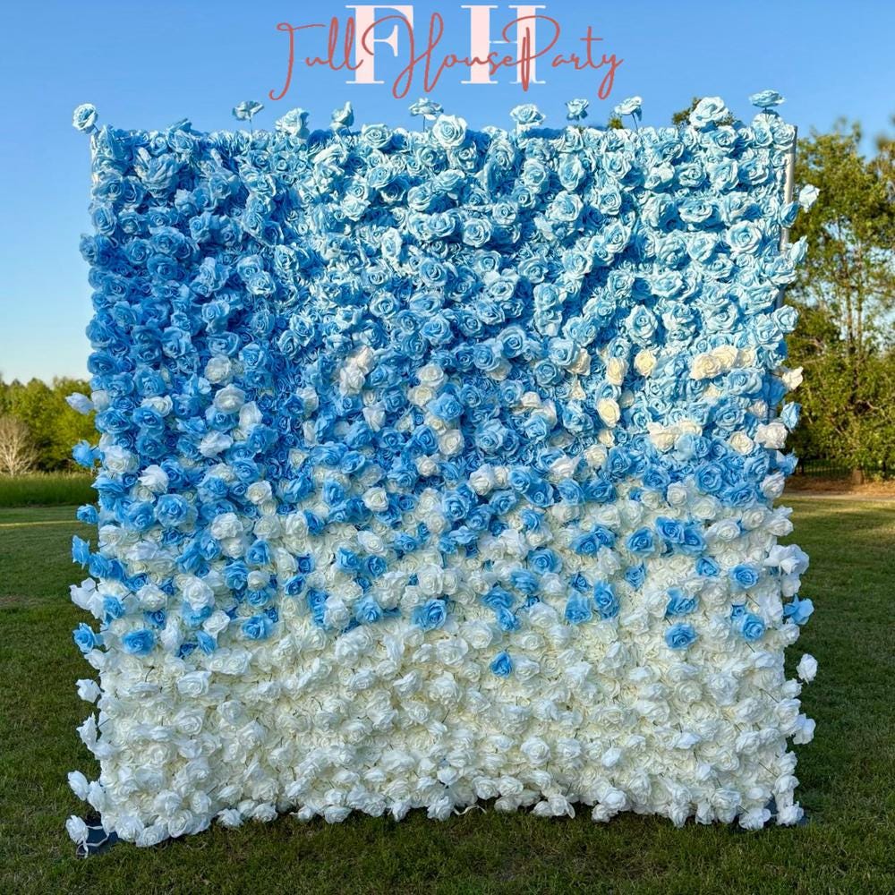 50% Off | Ships from Houston |5D Blue and White Rose Flower Wall  - Flower Wall Rolling Up Curtain Wall, Wedding Party Photo Backdrop