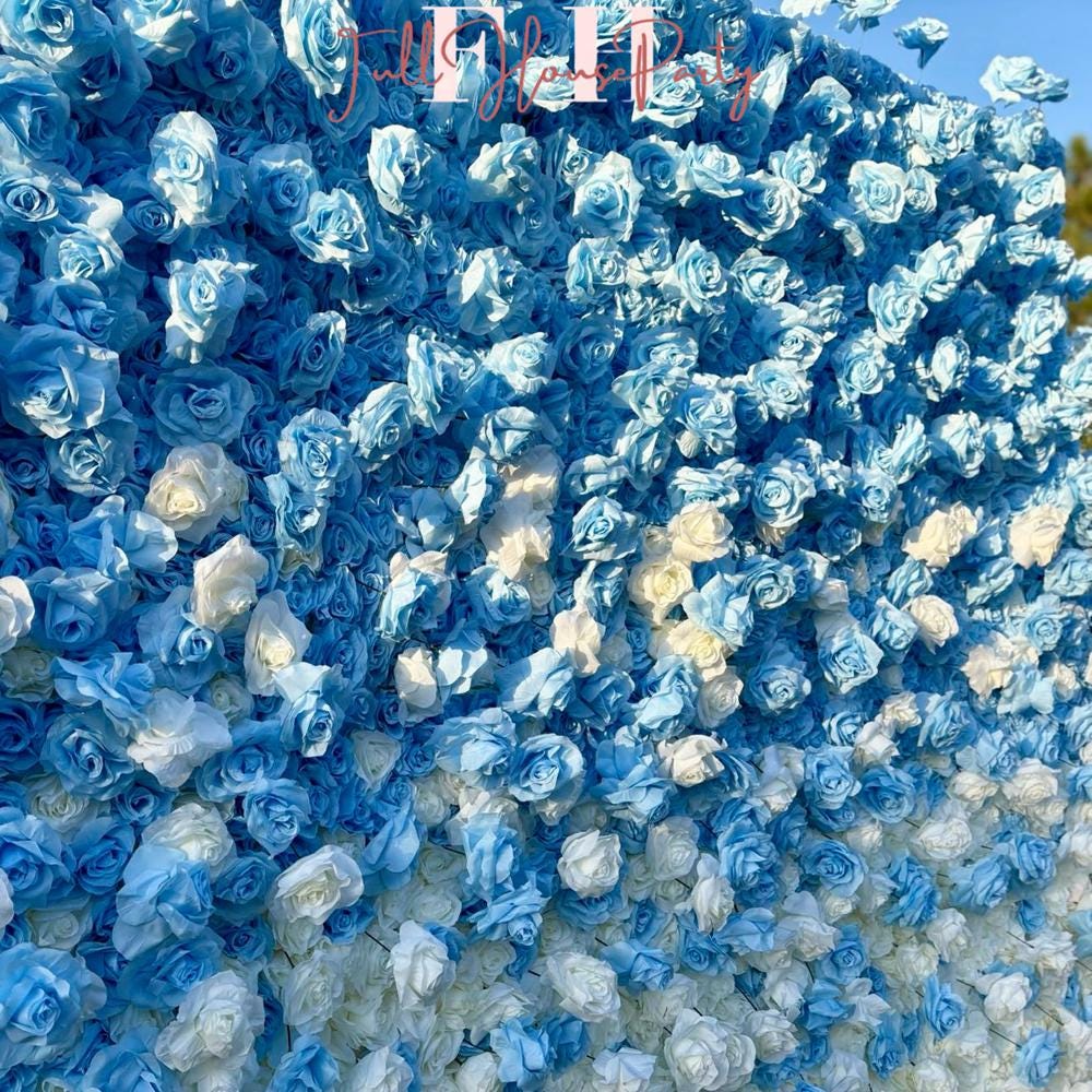 50% Off | Ships from Houston |5D Blue and White Rose Flower Wall  - Flower Wall Rolling Up Curtain Wall, Wedding Party Photo Backdrop