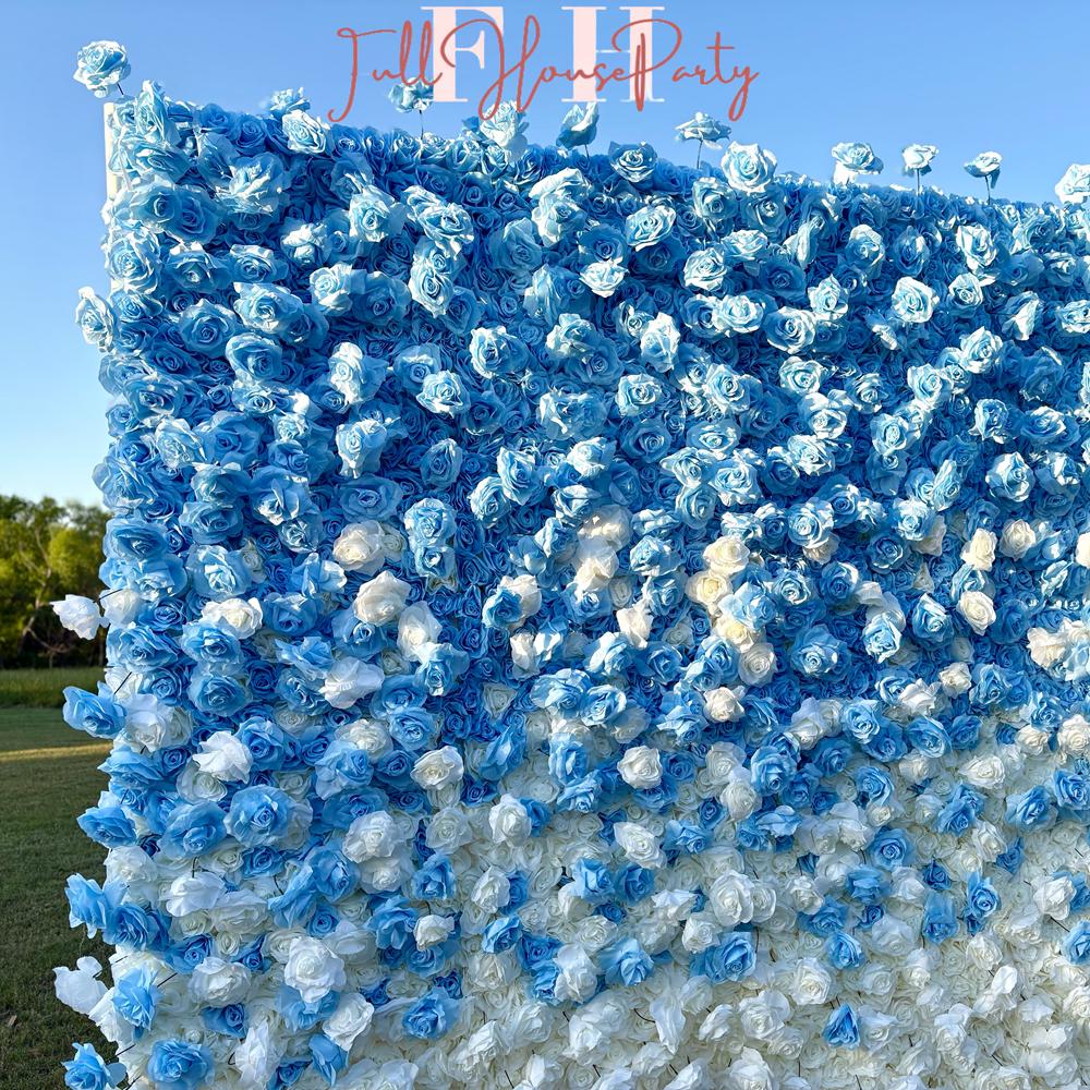 50% Off | Ships from Houston |5D Blue and White Rose Flower Wall  - Flower Wall Rolling Up Curtain Wall, Wedding Party Photo Backdrop
