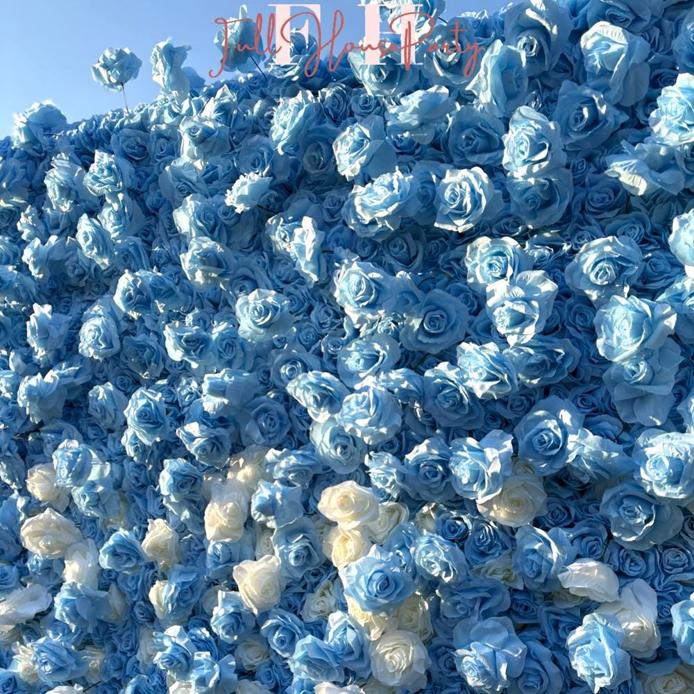 50% Off | Ships from Houston |5D Blue and White Rose Flower Wall  - Flower Wall Rolling Up Curtain Wall, Wedding Party Photo Backdrop